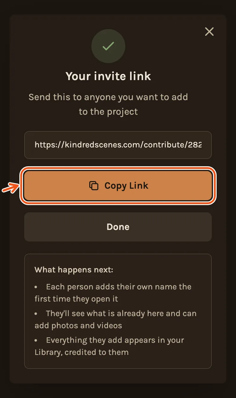 The invite link on a phone, with Copy Link marked.