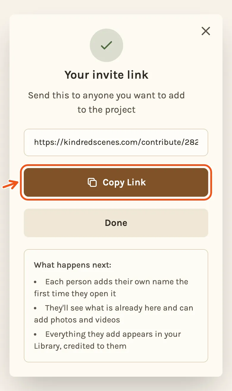 The invite link on a phone, with Copy Link marked.