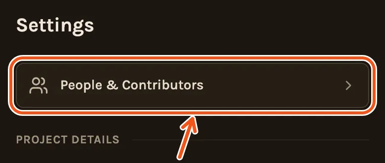 The Settings tab on a phone, with People & Contributors marked at the top.