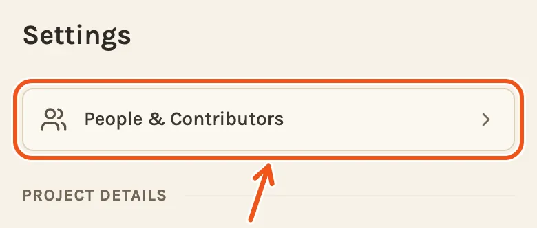 The Settings tab on a phone, with People & Contributors marked at the top.