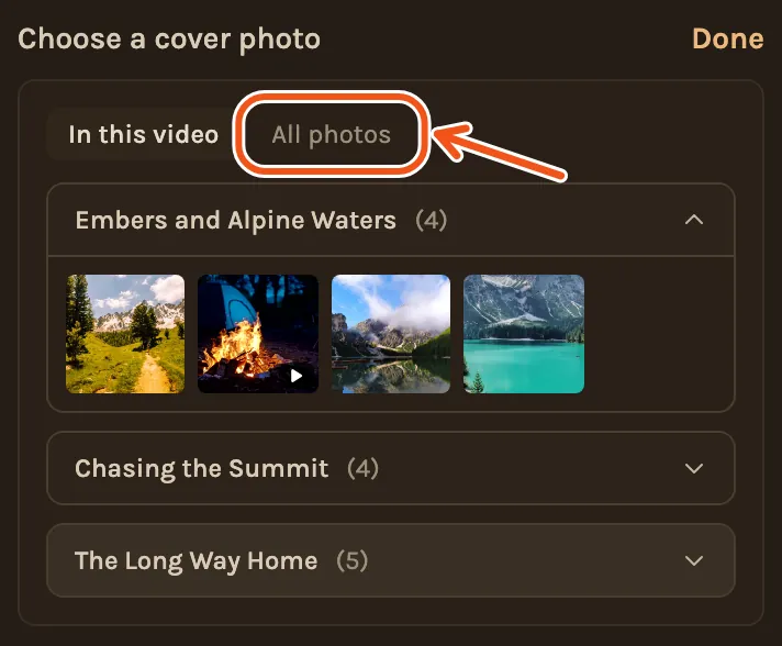 The cover photo picker open in Create Video, with the All photos tab marked.