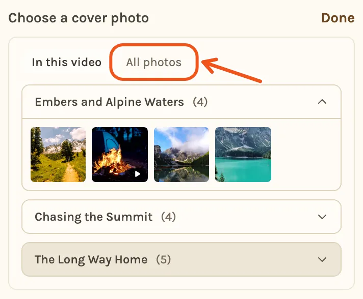 The cover photo picker open in Create Video, with the All photos tab marked.