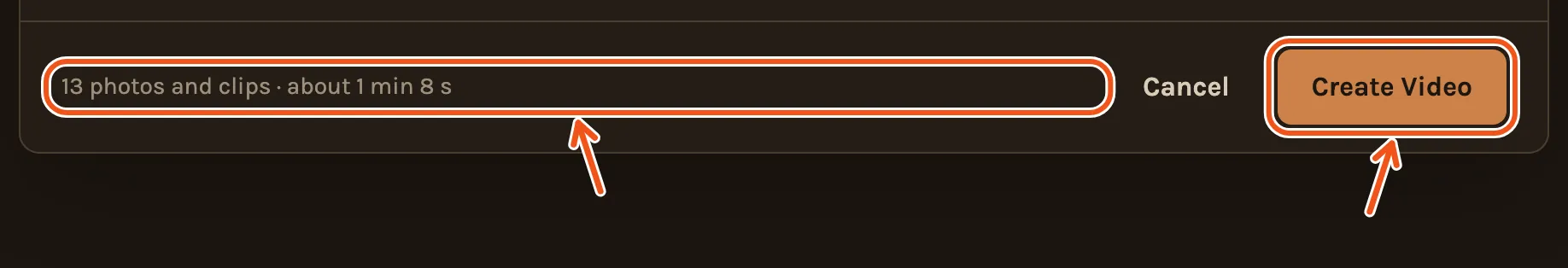 The bottom of the Create Video window, with the number of photos and clips, the length and Create Video marked.