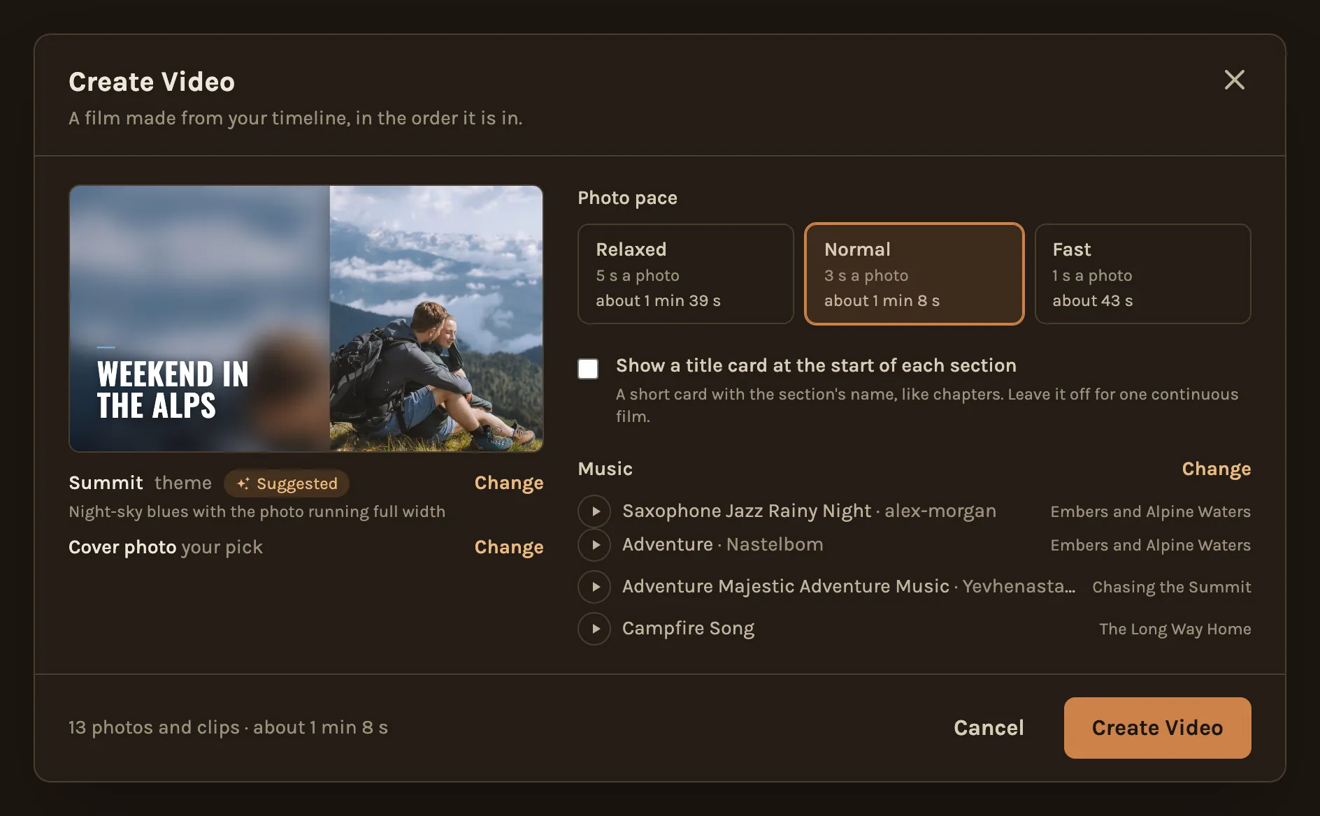 The Create Video window: the title in its theme with the cover photo on the left, and the photo pace, title cards and music on the right.