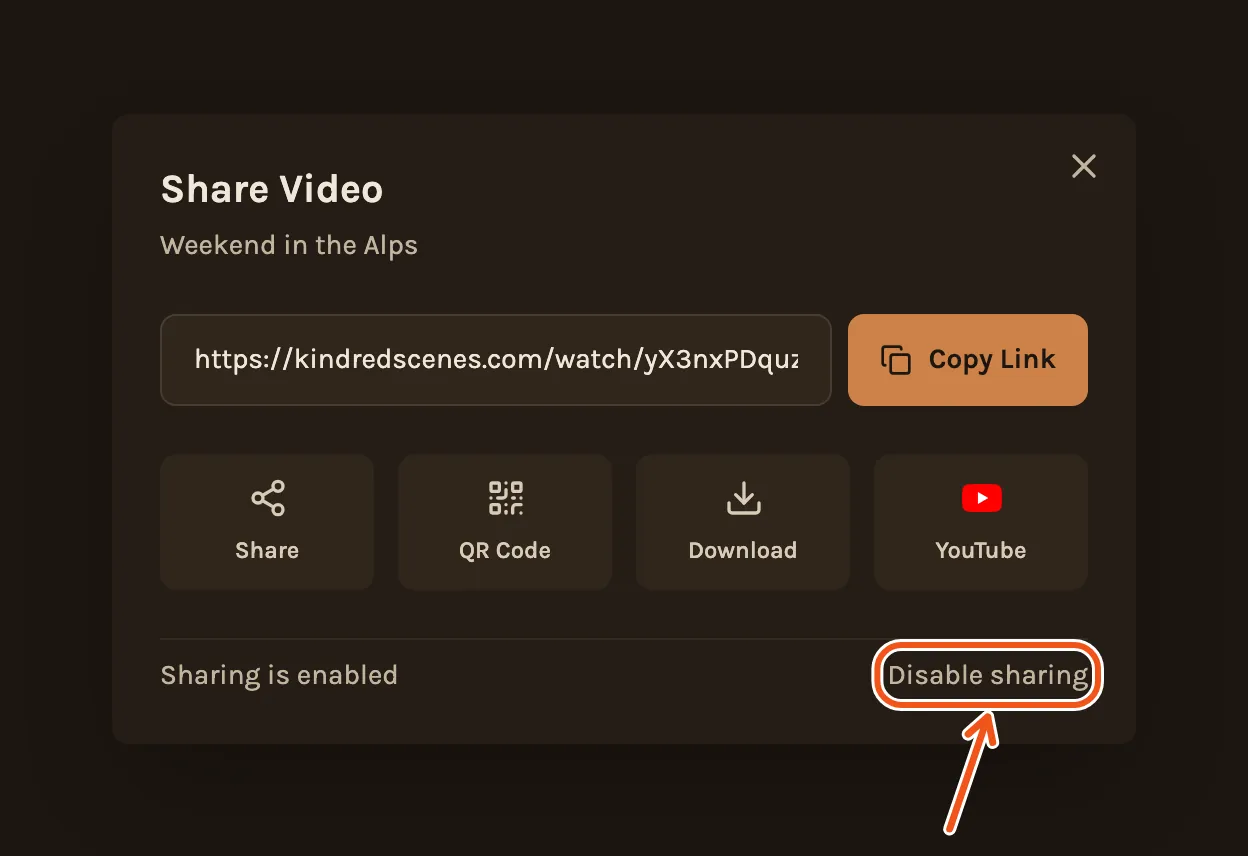 The Share Video window, with Disable sharing at the bottom marked.