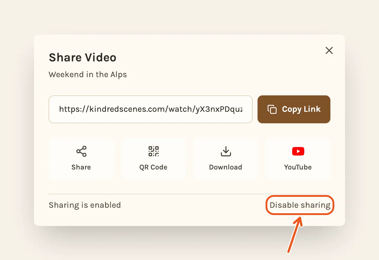 The Share Video window, with Disable sharing at the bottom marked.