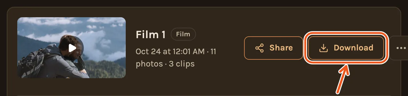 A finished film on the Videos tab, with Download marked.