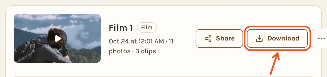 A finished film on the Videos tab, with Download marked.