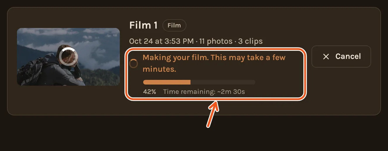 A film being made on the Videos tab, with its progress line, bar and time left marked.
