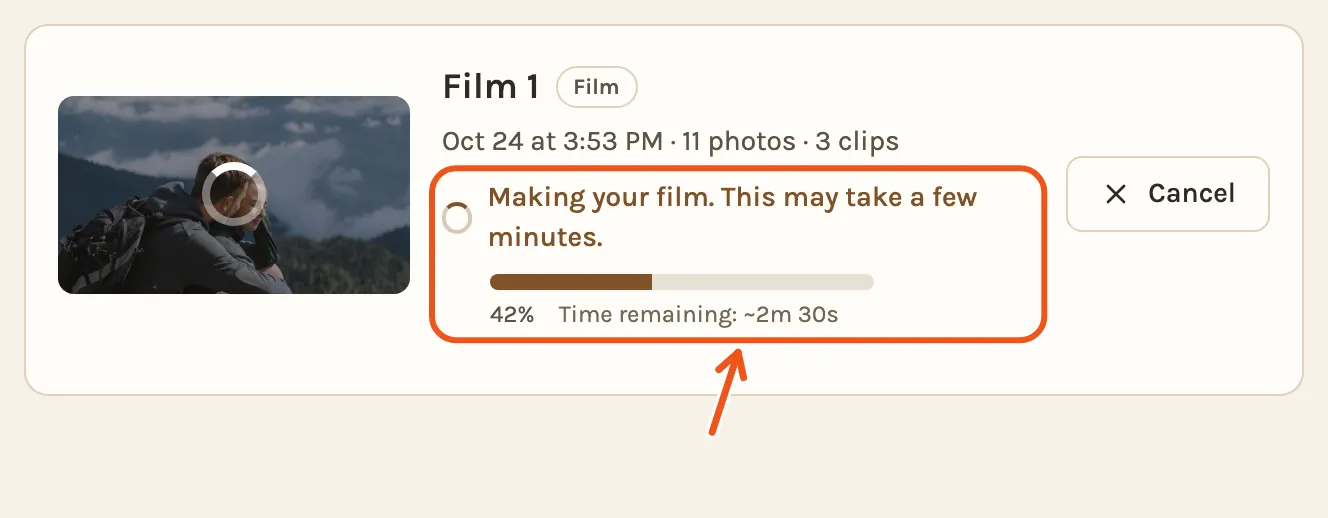 A film being made on the Videos tab, with its progress line, bar and time left marked.