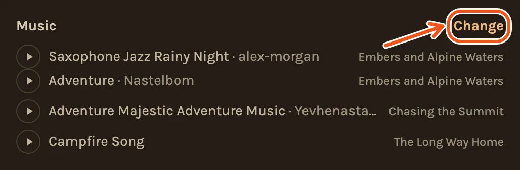The Music part of Create Video listing each chapter's songs, with Change marked.