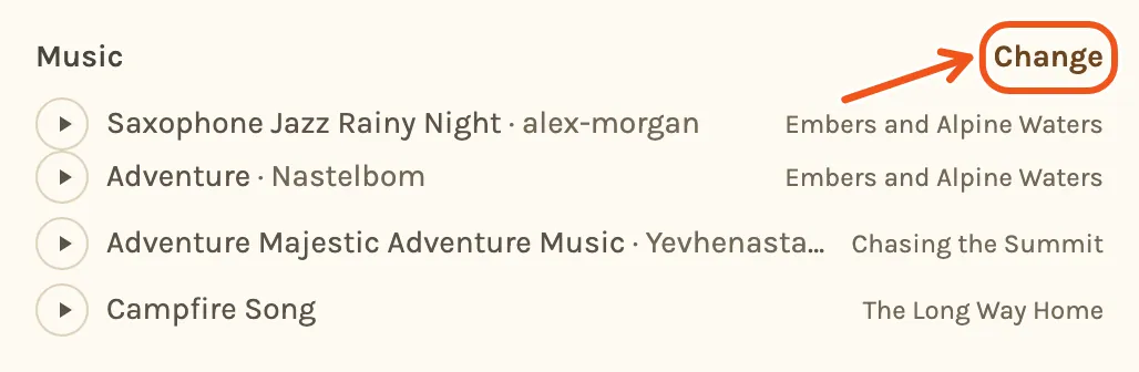 The Music part of Create Video listing each chapter's songs, with Change marked.