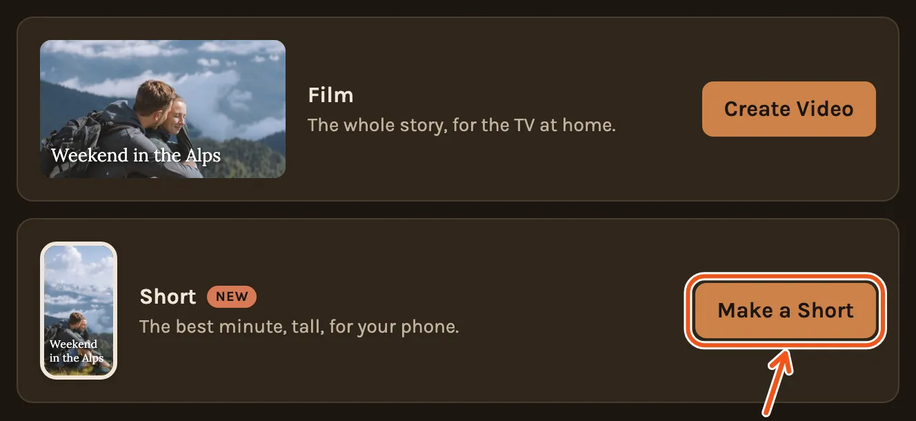 The Film and Short cards on the Videos tab, with Make a Short marked.