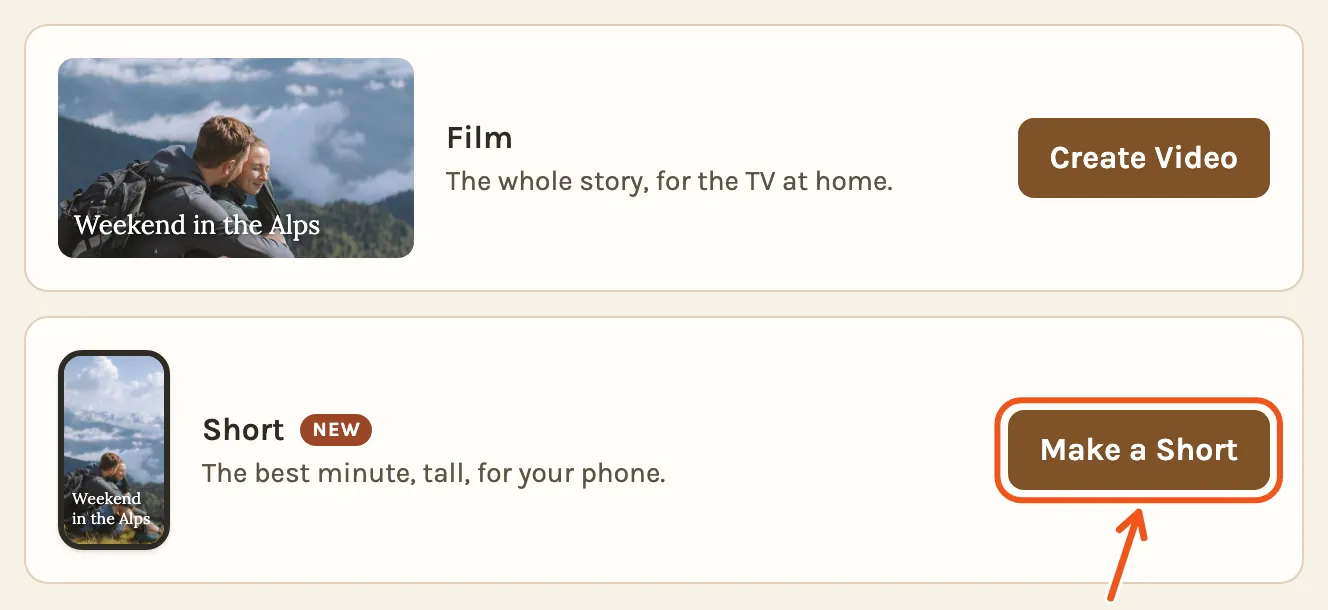 The Film and Short cards on the Videos tab, with Make a Short marked.