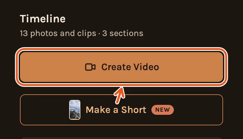 The Timeline tab on a phone, with Create Video marked.