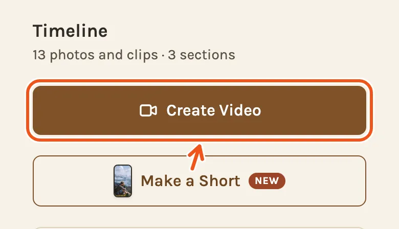 The Timeline tab on a phone, with Create Video marked.