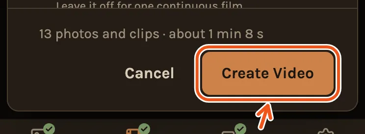 The bottom of the Create Video screen on a phone, with the number of photos and clips, the length and Create Video marked.