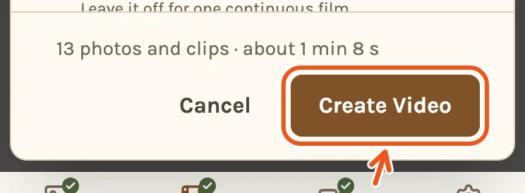 The bottom of the Create Video screen on a phone, with the number of photos and clips, the length and Create Video marked.