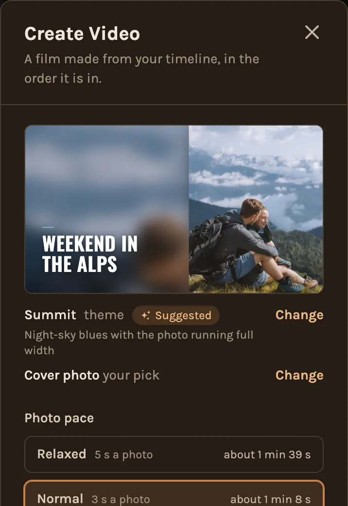 The top of the Create Video screen on a phone, with the title in its theme and the cover photo.