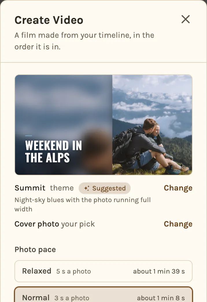 The top of the Create Video screen on a phone, with the title in its theme and the cover photo.