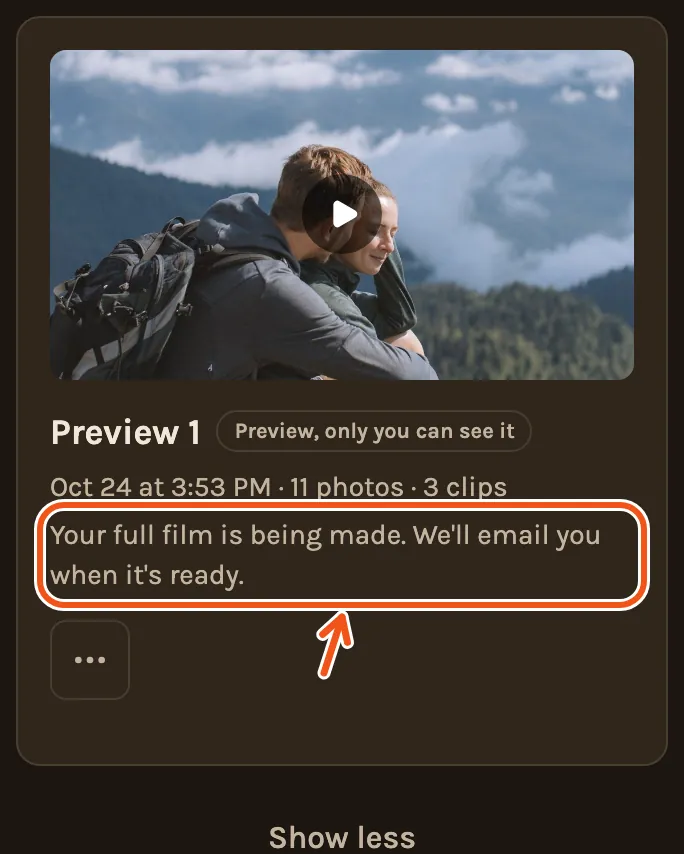 The preview on a phone after Get the full film, with the line saying you will get an email marked.