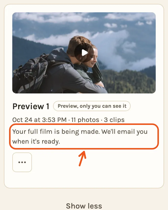 The preview on a phone after Get the full film, with the line saying you will get an email marked.