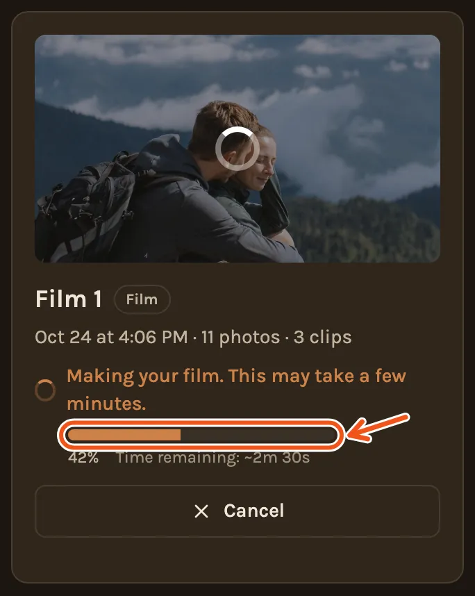 A film being made on the Videos tab on a phone, with its progress bar marked.