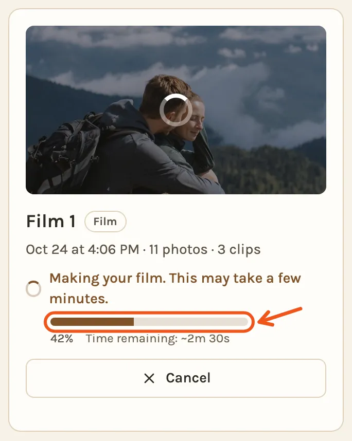 A film being made on the Videos tab on a phone, with its progress bar marked.