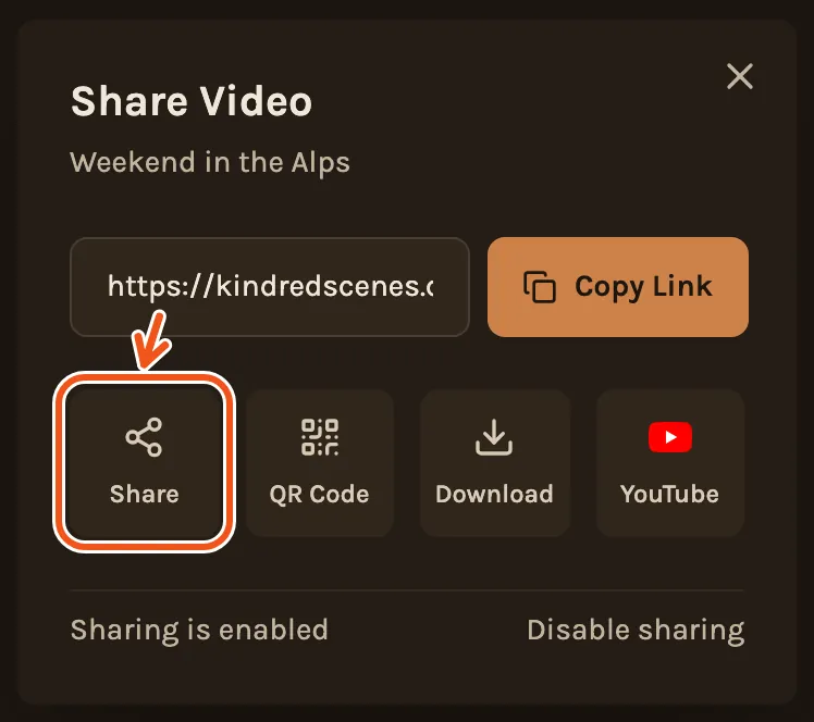 The Share Video window on a phone, with the Share button marked.