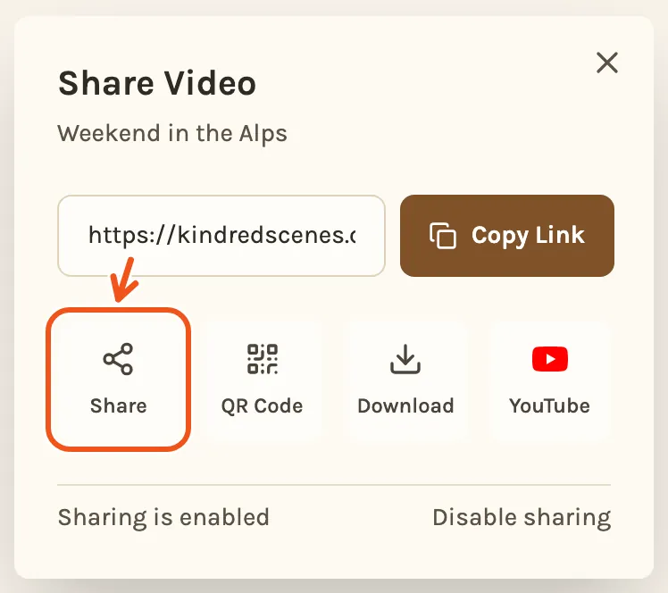 The Share Video window on a phone, with the Share button marked.