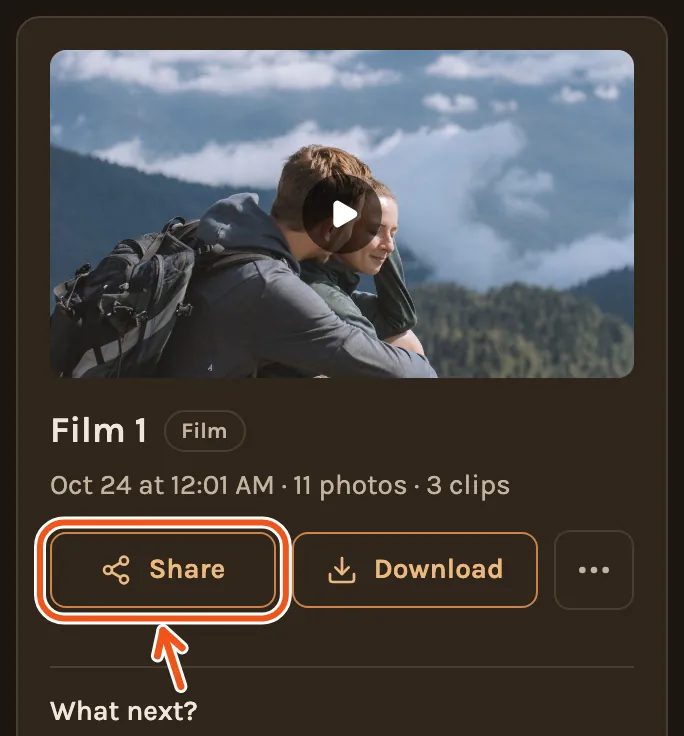 A finished film on the Videos tab on a phone, with Share marked.