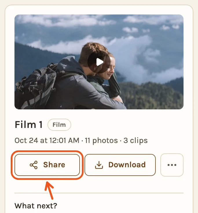 A finished film on the Videos tab on a phone, with Share marked.