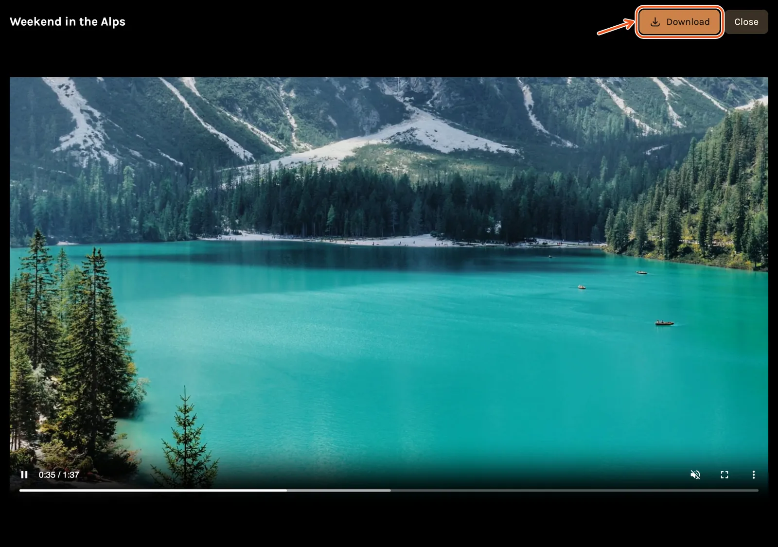 A finished film playing in the large player, with Download at the top marked.