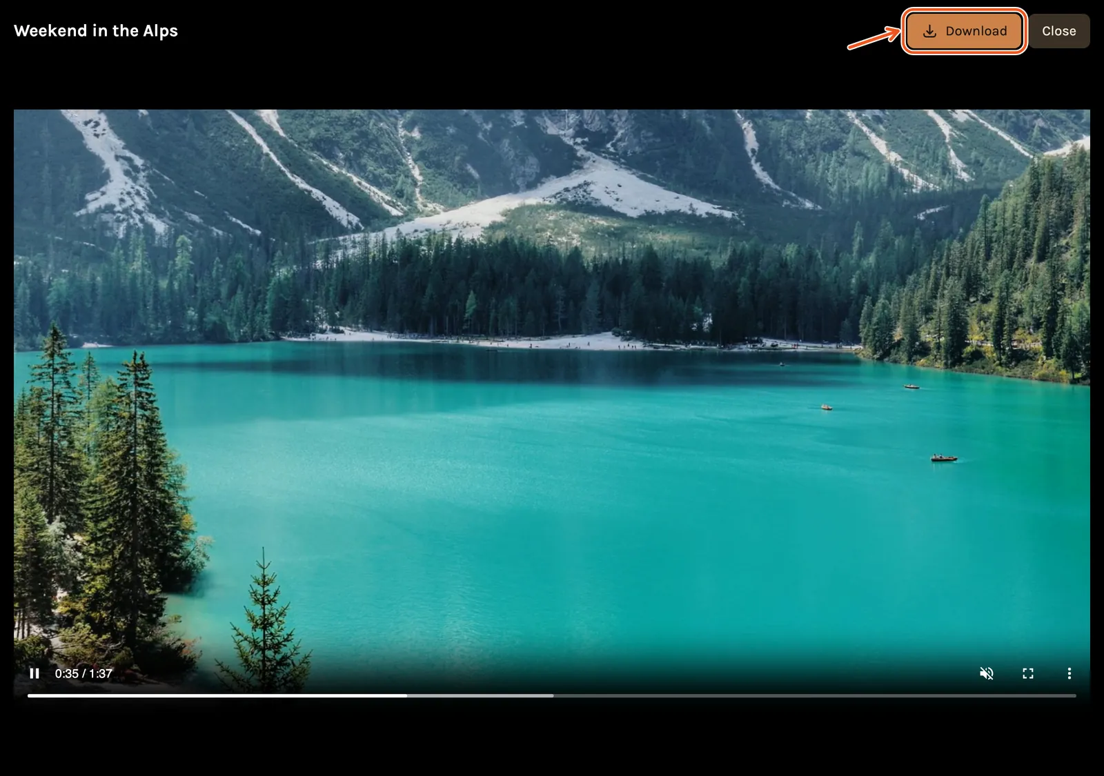 A finished film playing in the large player, with Download at the top marked.