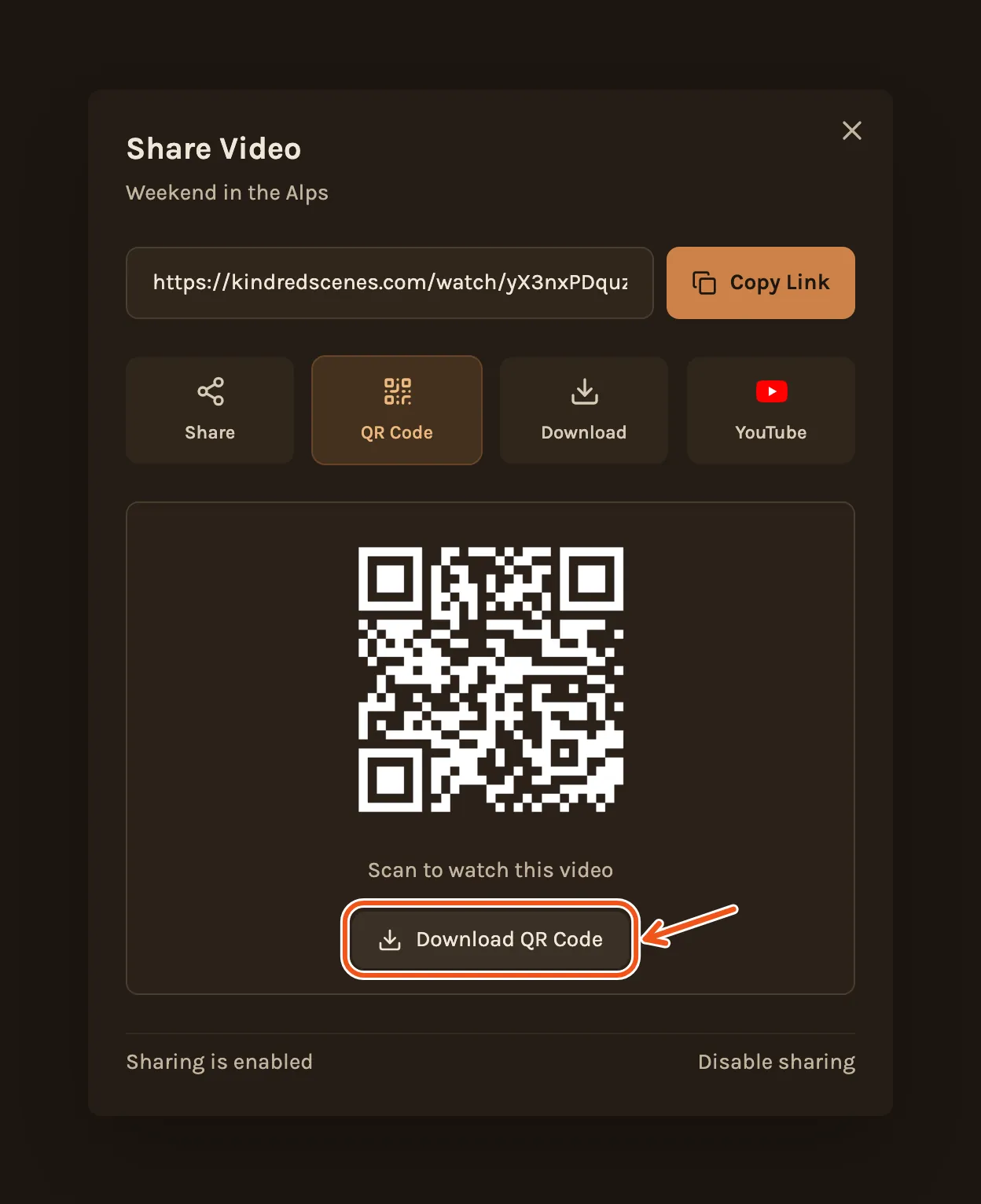 The Share Video window showing the film's QR code, with Download QR Code marked.