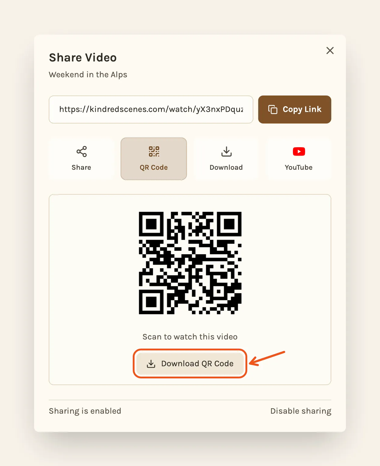 The Share Video window showing the film's QR code, with Download QR Code marked.