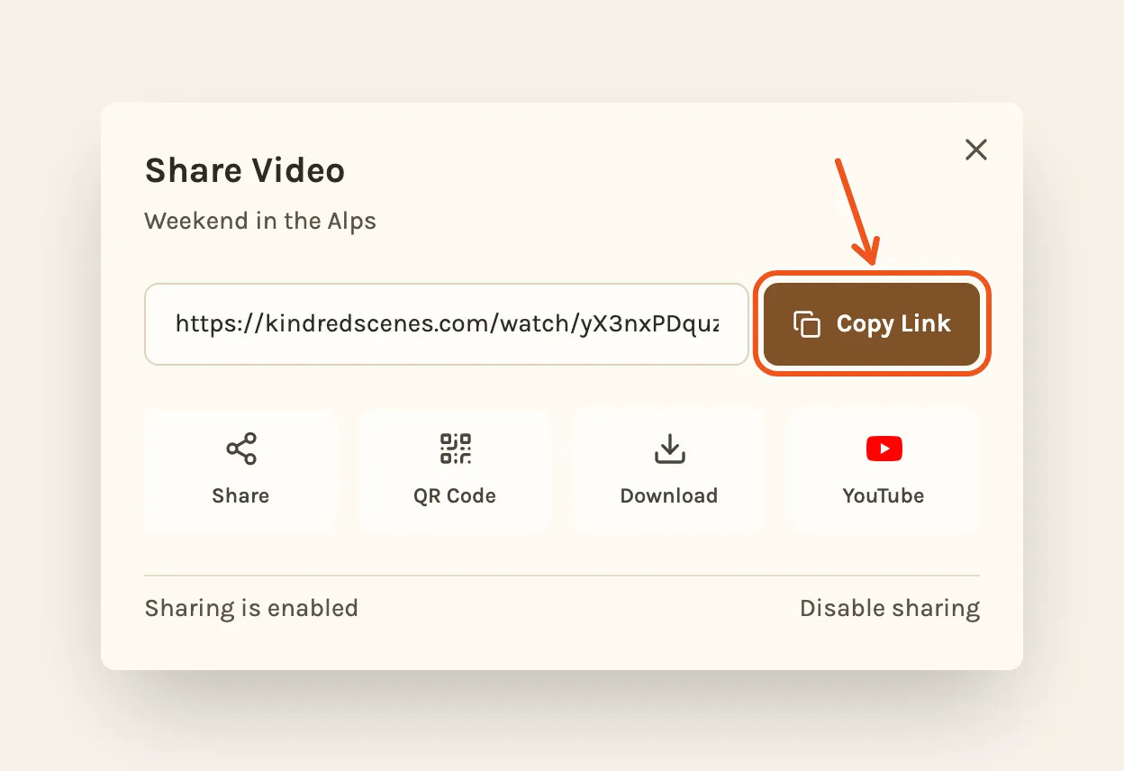 The Share Video window with the link, with Copy Link marked.