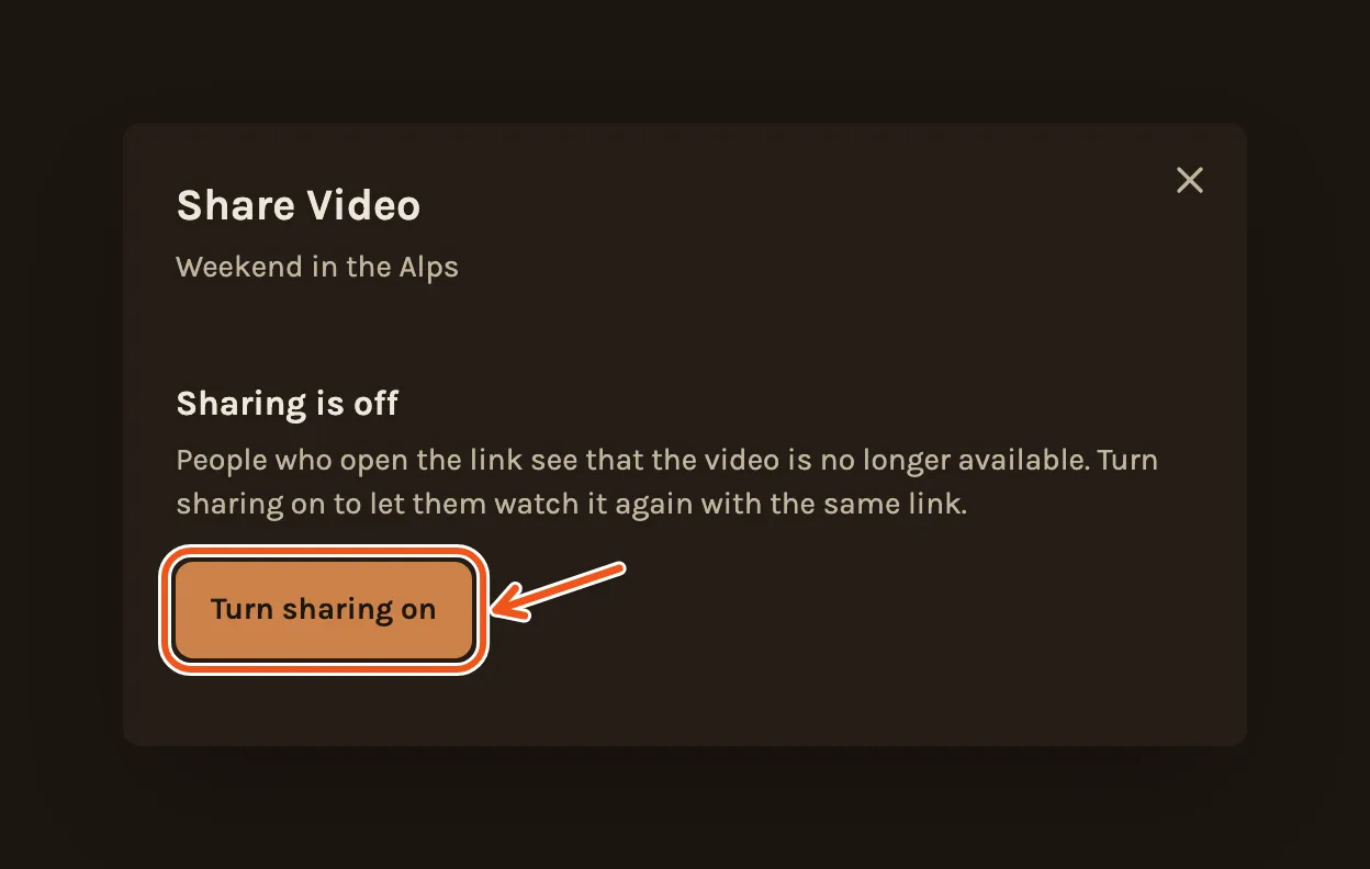The Share Video window saying Sharing is off, with Turn sharing on marked.