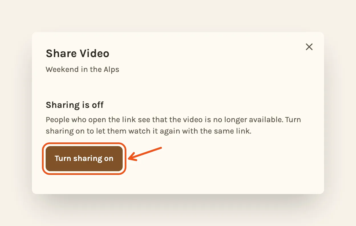 The Share Video window saying Sharing is off, with Turn sharing on marked.