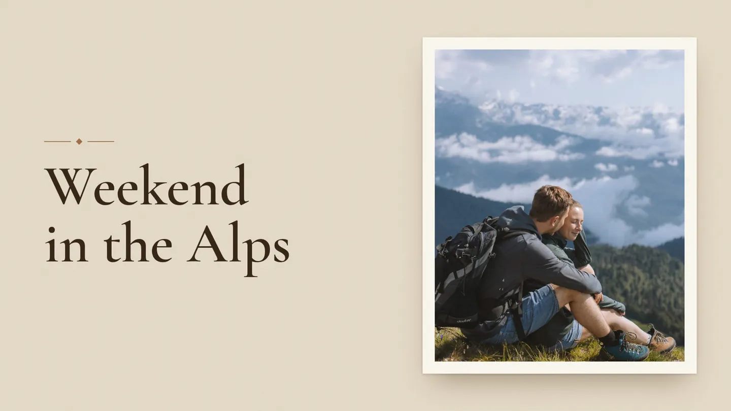 A frame from a finished film: the opening title, Weekend in the Alps, beside the cover photo.
