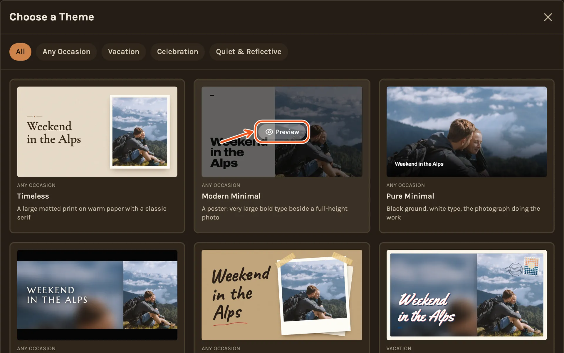 The Choose a Theme window with the themes as cards, with one card's Preview button marked.