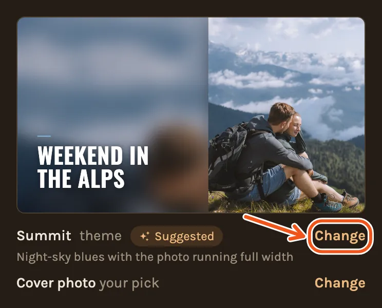 The left side of Create Video, showing the title in the chosen theme with the cover photo, with Change next to the theme marked.