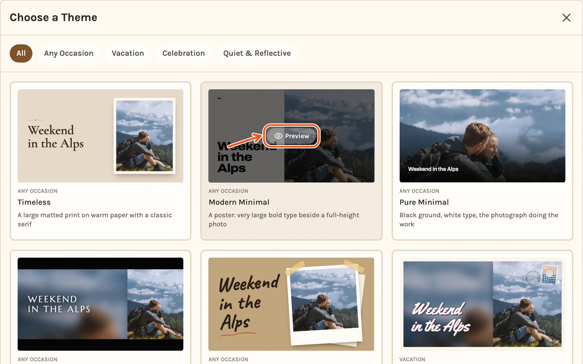 The Choose a Theme window with the themes as cards, with one card's Preview button marked.