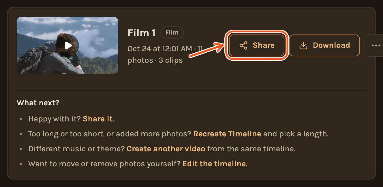 A finished film on the Videos tab with What next? under it, with Share marked.