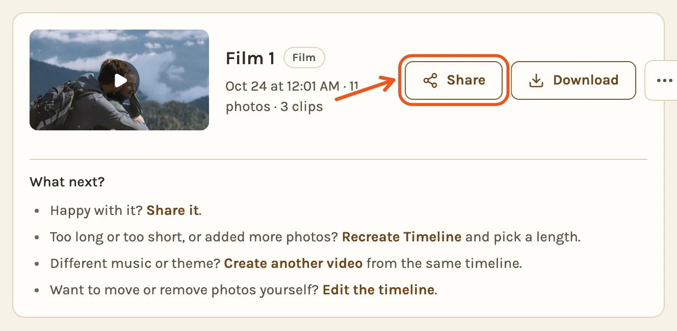 A finished film on the Videos tab with What next? under it, with Share marked.