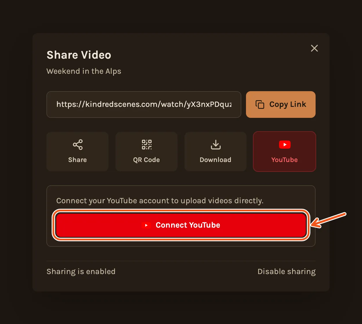 The Share Video window's YouTube part before connecting, with Connect YouTube marked.