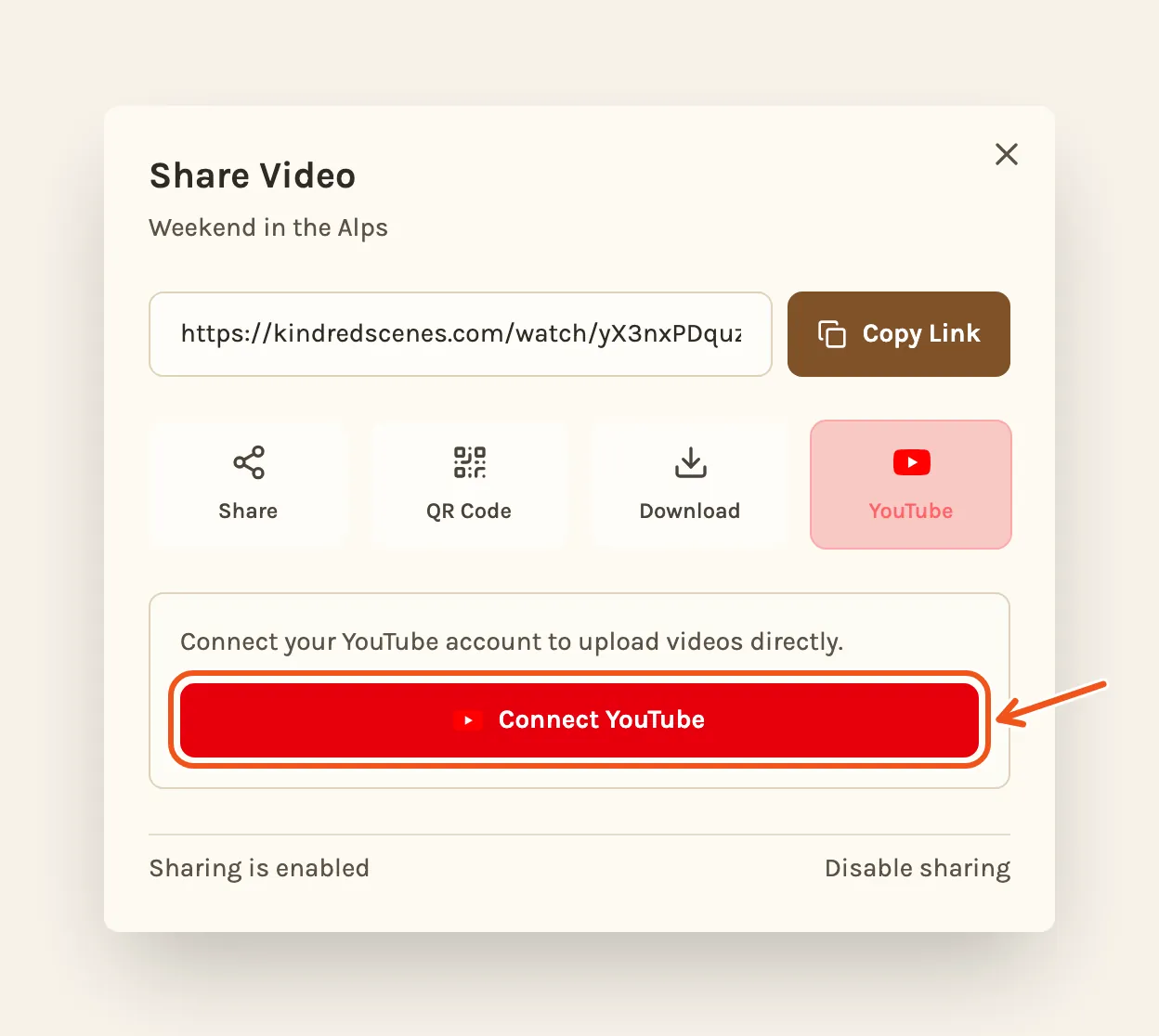 The Share Video window's YouTube part before connecting, with Connect YouTube marked.