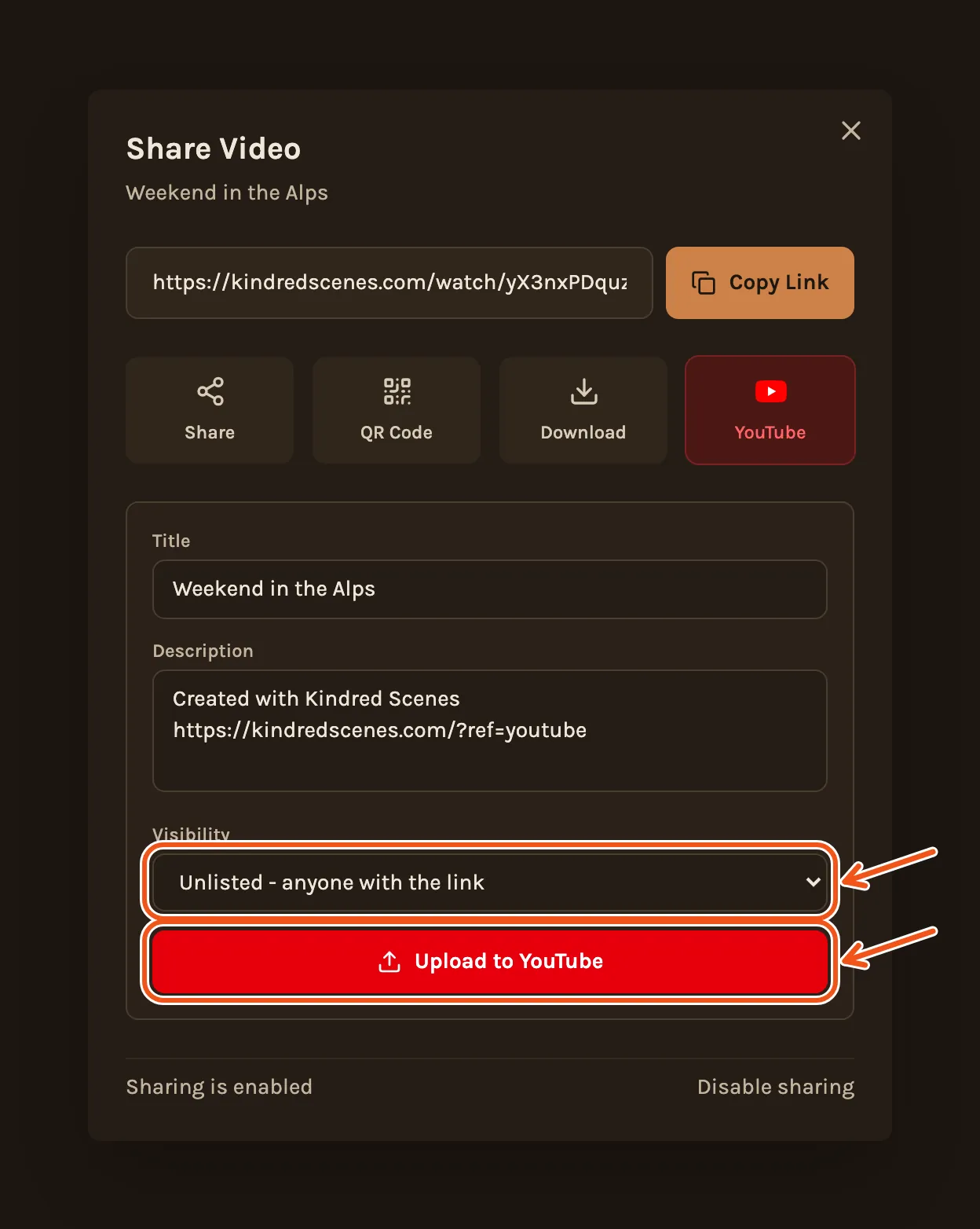 The YouTube part once connected, with the title, description, who can see it and Upload to YouTube, with the last two marked.