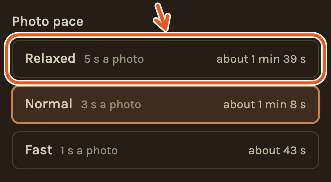 The Photo pace choice in Create Video on a phone, with Relaxed marked.