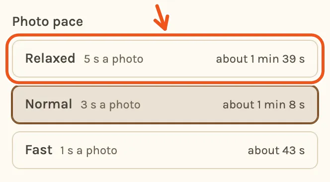 The Photo pace choice in Create Video on a phone, with Relaxed marked.